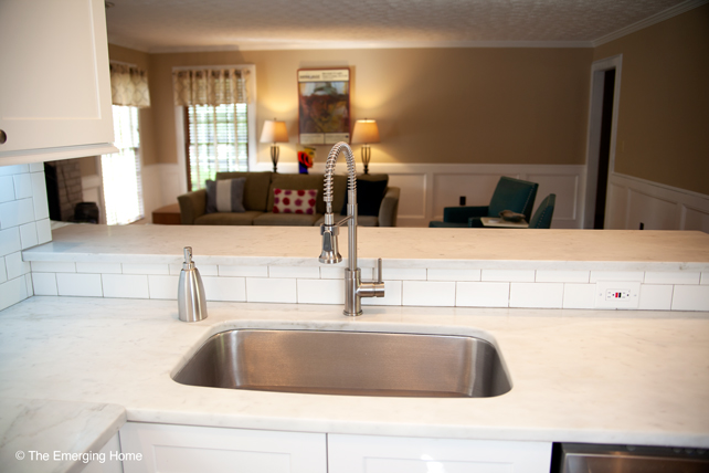 Large rectangular, stainless steel sink topped with an arched 18 inch tall flexible sprayer.