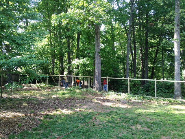 Fence posts are in place as well as the top and bottom wood frame that will hold the wire fencing