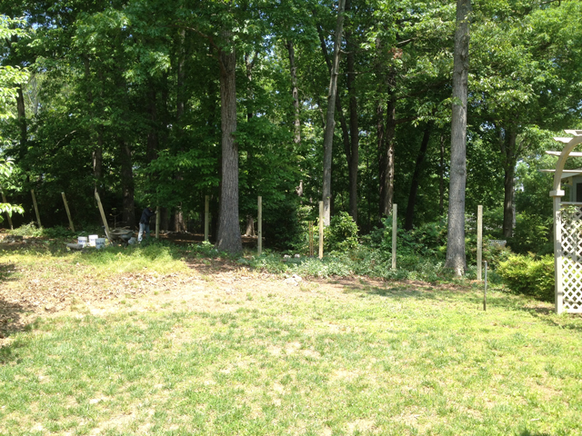 Wooded property line between two homes show the start of fence post being set for a fence