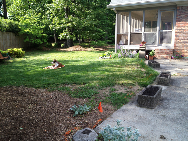 The side yard of a subdivision house and back yard. 