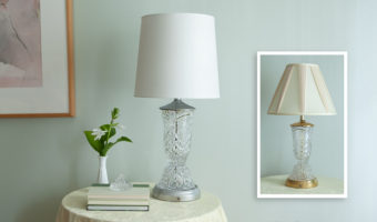 Updated crystal and silver lamp with drum shaped shade contrasts with original brass lamp with pleated shade.