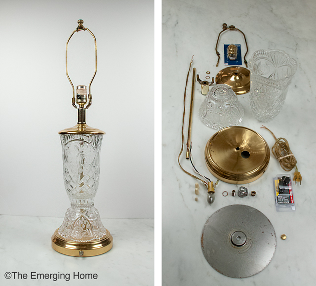 brass and crystal lamp without shade is pictured beside an image of the lamp completely disassembled and pieces laid out in order