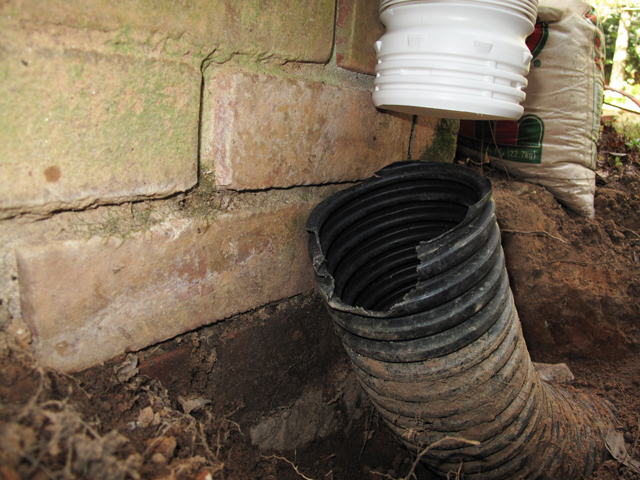 dirt is removed from around black flexible drainpipe to prepare for connecting the downspout adapter