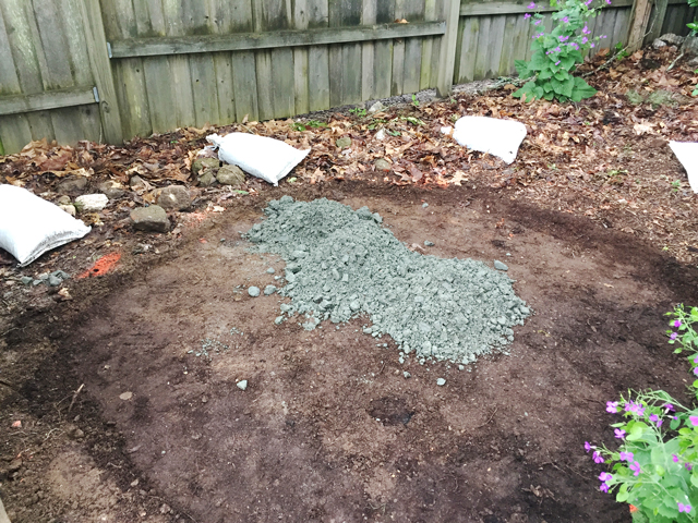 Granite gravel base is laid into area before leveling sand is added