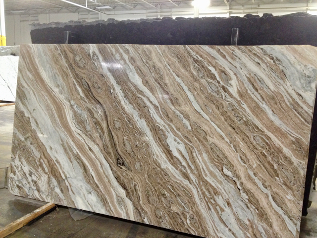 Heavy, diagonally patterned stone slab in brown and white color tones