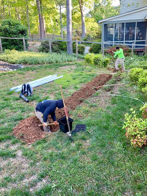 two men are digging a ditch in back yard