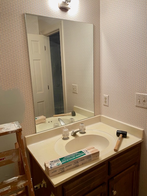 large mirror hangs on wall behind sink